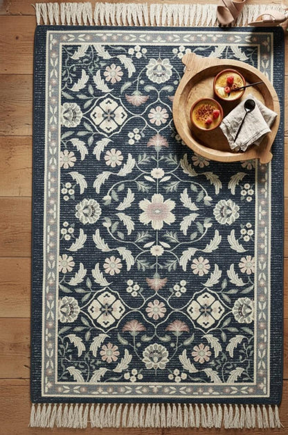 Anvaya Nīla Pushp Handwoven Floral Runner — 2 × 5 ft