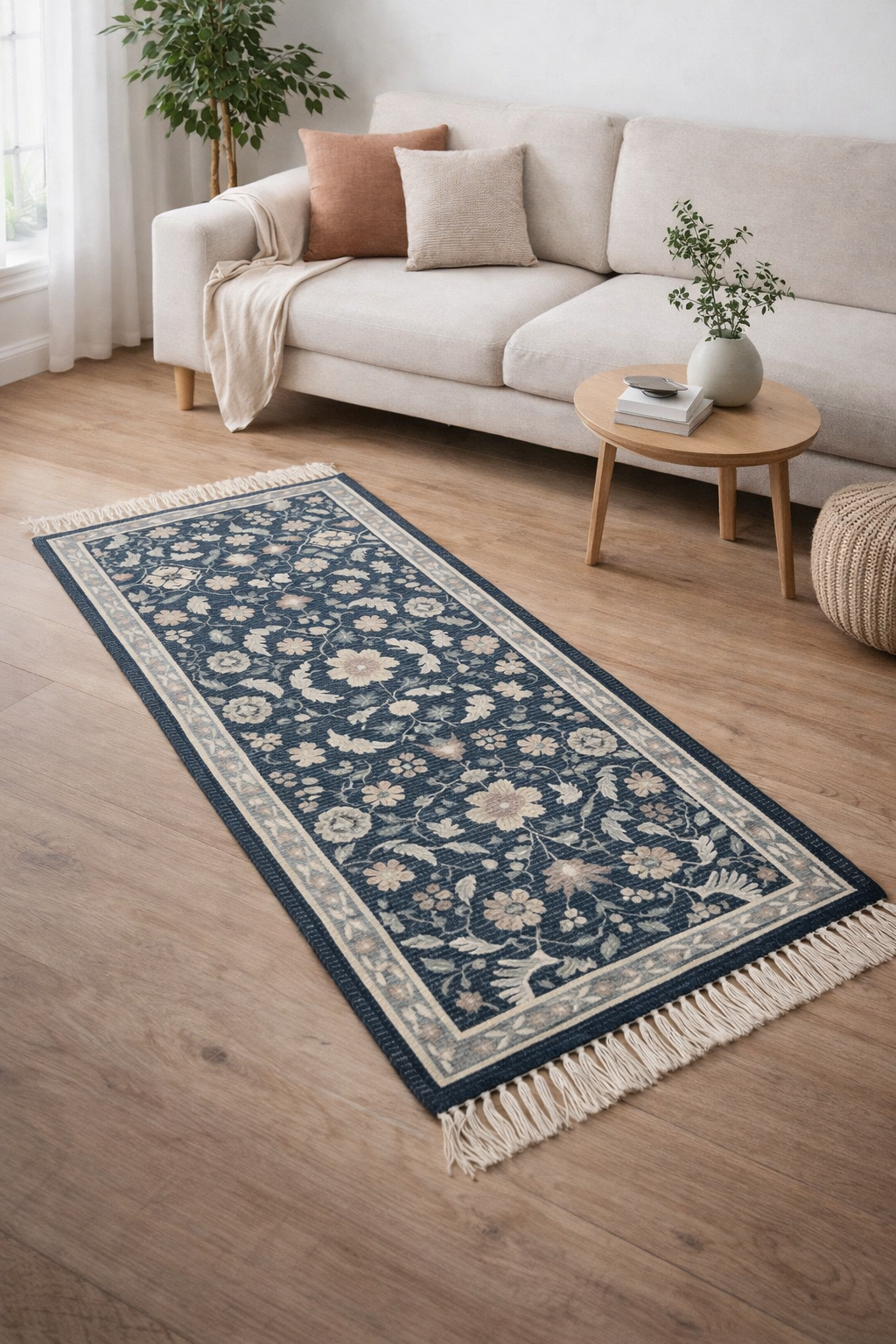Anvaya Nīla Pushp Handwoven Floral Runner — 2 × 5 ft