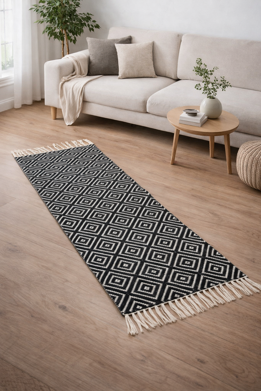 Anvaya Rekha Handwoven Diamond Dhurrie Runner — 2 × 5 ft