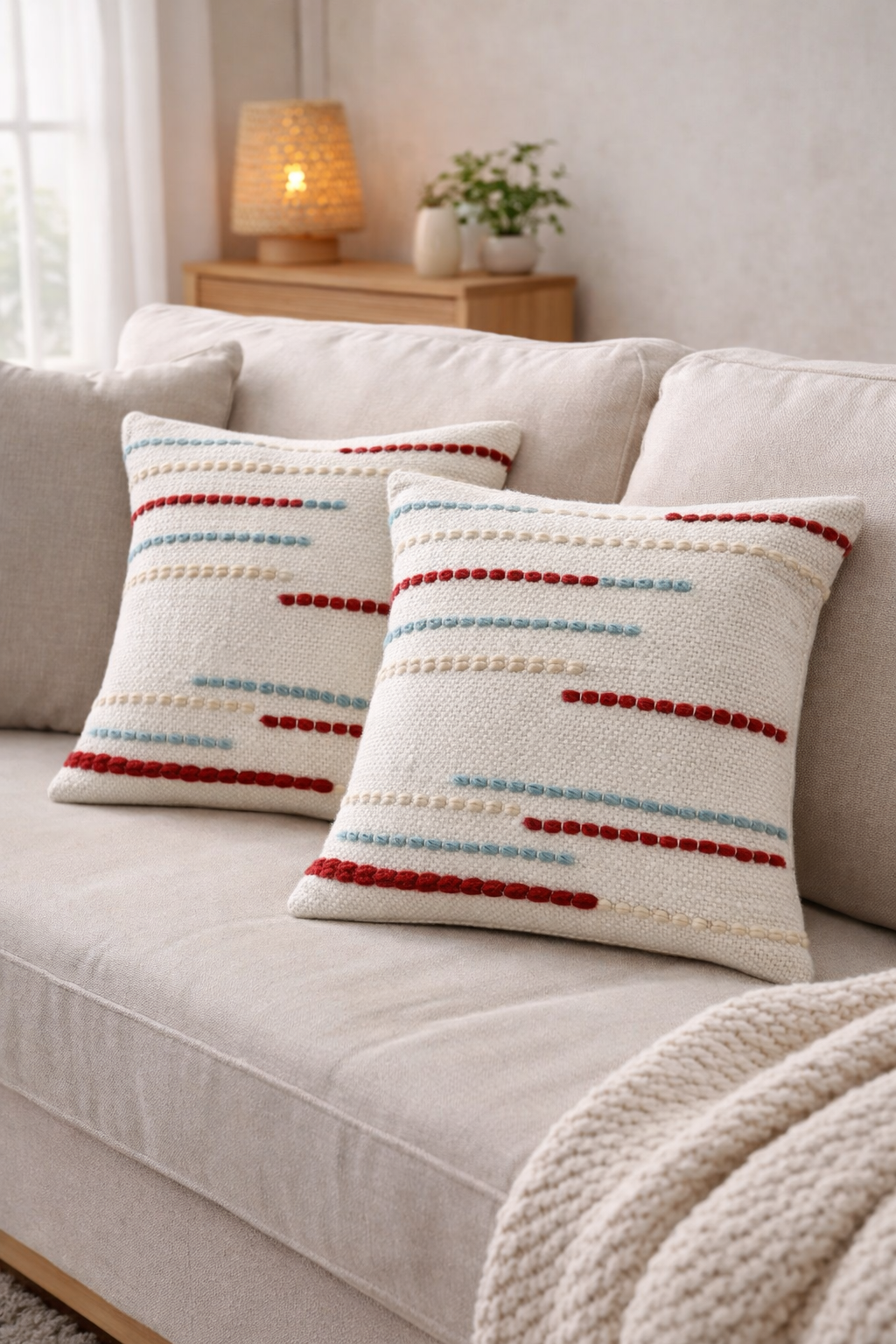 Anvaya Riva Handcrafted Pit Loom Cushion Cover with 16x16 inch fillers (Set of 2)