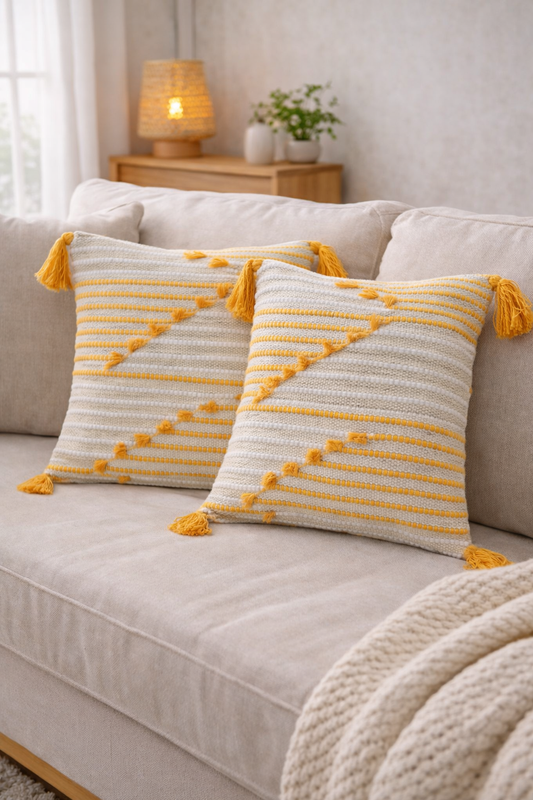 Anvaya Kora Handcrafted Pitloom Cushion Cover with 16x16 inch fillers (Set of 2)